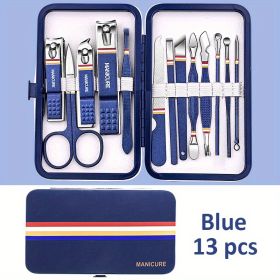 Premium Manicure Set - Stainless Steel Toe & Finger Nail Clippers, Files & Cutters - Perfect for Men & Women! (Color: Blue 13 In 1)