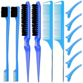 12 pieces Salon-Grade Nylon Teasing Brush Set with Double-Sided Design and Duckbill Clips for Smooth and Controlled Hair Styling (Color: Blue)